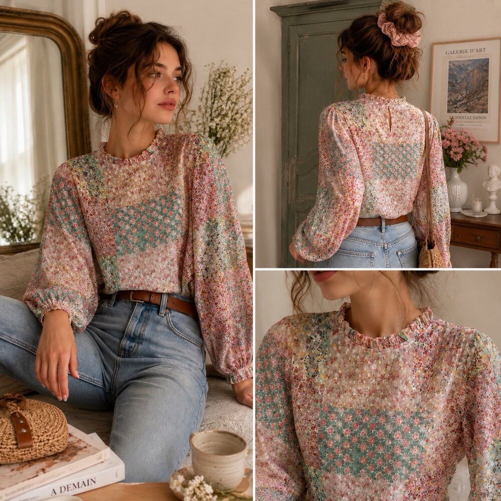 World Market Patchwork Floral Cottagecore Peasant Blouse S/M Boho Prairie Fairy